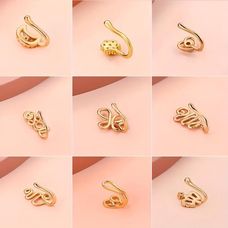 9pcs Nose Ring Jewelry Shape Nose Ring  Copper Non Piercing Nose Rings, U Shape Star Love Crown Nose Clip with Zirconia shape nose nose ring nose ring Punk Rhinestone Clip-On Gold gold  nose protection bracelet cross  septum