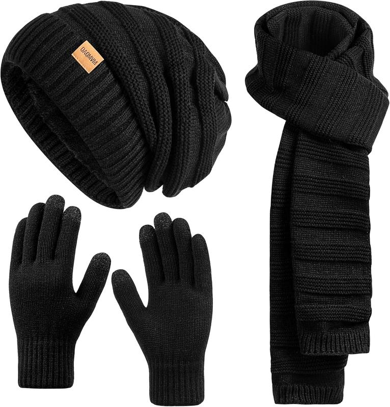 Women Beanie Hat Scarf Gloves Set Fleece Lined Winter Warm Hat Long Knit Scarf Touchscreen Gloves for Cold Weather