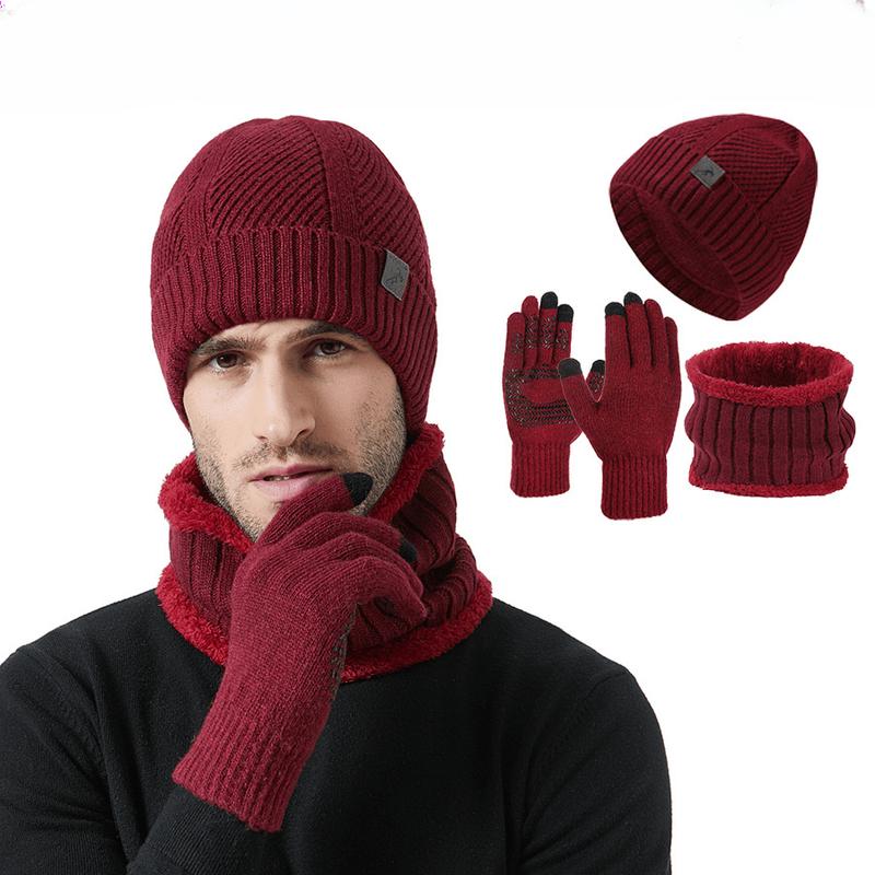 3pcs Winter Warmth Set for Men - Thickened No-Brim Beanie, Scarf, and Gloves - Blend Knit Hat, Neck Warmer, and Touchscreen Gloves - Ideal for Outdoor Activities, Cycling, Skiing, Camping, Running - Machine Washable - Black