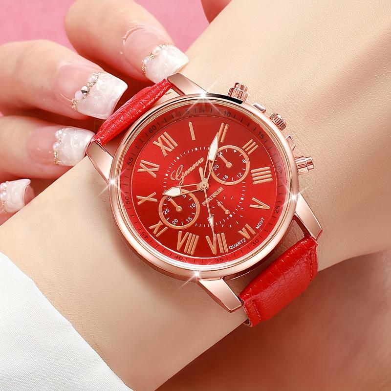 Chic 7pcs Women's Quartz Watch Set - Casual Fashion, Faux Leather Straps, Alloy Cases (Box Not Included)