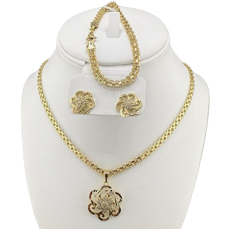 Gold Plated Necklace Set with Pendant Bracelet and Earring Set for Women 20 inches