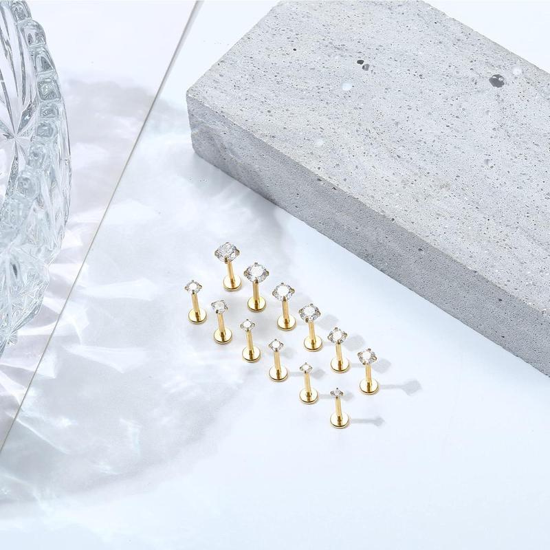 FLORIDECO 12PCS Surgical Steel Threadless Flat Back Earrings 14K Gold Plated Tragus Cartilage Earrings Push Pin Nose Studs Nostril Lip Medusa Piercing Hypoallergenic 16G Daily