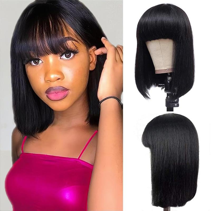 Bob Wig With Bangs Human Hair Straight Natural Black 10Inch 12Inch 14Inch Brazilian Virgin Human Hair Wigs With Bangs No Lace Front Wig 150% Density