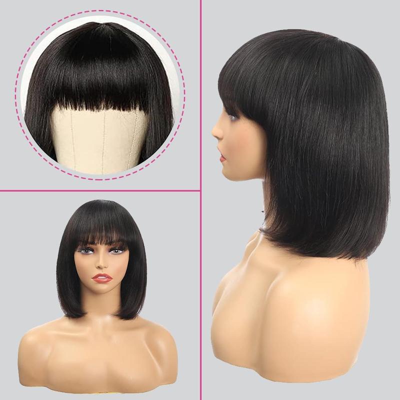 Bob Wig With Bangs Human Hair Straight Natural Black 10Inch 12Inch 14Inch Brazilian Virgin Human Hair Wigs With Bangs No Lace Front Wig 150% Density