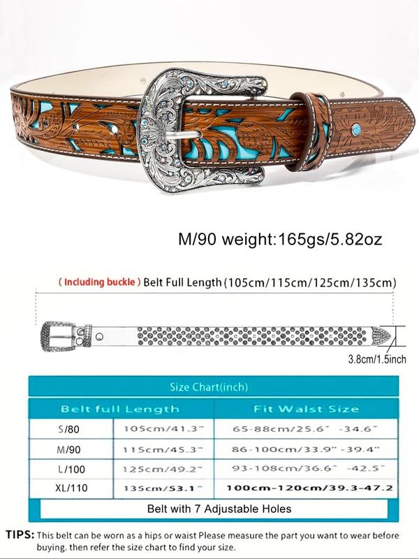 Vintage Floral Hollow out Design PU Leather Buckle Belt, Retro Western Cowboy Clothes Decorative Belt for Women, Casual Waist Belt for Jeans Decor