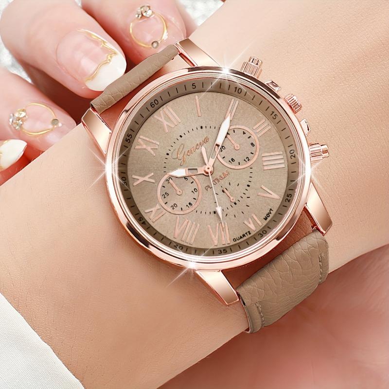 Chic 7pcs Women's Quartz Watch Set - Casual Fashion, Faux Leather Straps, Alloy Cases (Box Not Included)