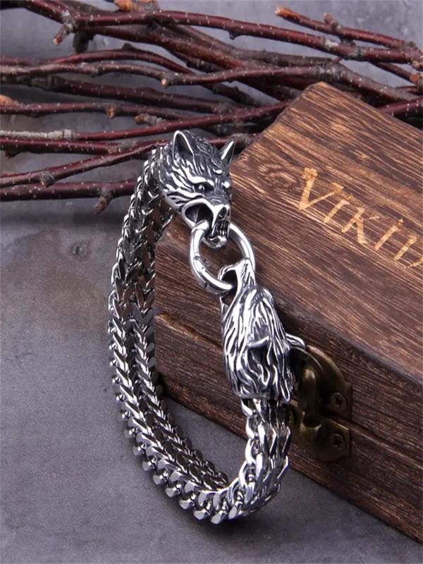 Vintage Wolf Head Design Bracelet, Punk Style Stainless Steel Jewelry for Men, Trendy All-match & Exquisite Jewelry for Birthday Gift