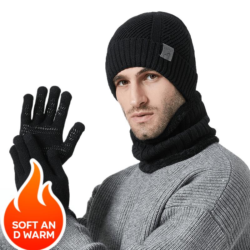 3pcs Winter Warmth Set for Men - Thickened No-Brim Beanie, Scarf, and Gloves - Blend Knit Hat, Neck Warmer, and Touchscreen Gloves - Ideal for Outdoor Activities, Cycling, Skiing, Camping, Running - Machine Washable - Black