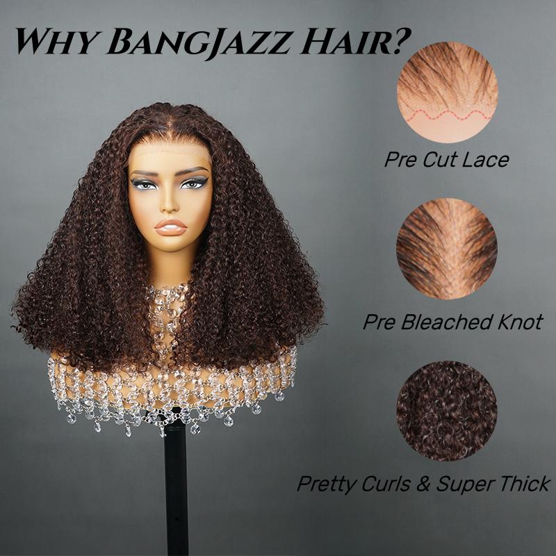 BangJazz Short Kinky Curly Ready to Wear Glueless Wigs Pre Cut Lace Bleachde Konts Closure Wigs 250% Density Human Hair Wig Lace Front Wigs Pre Plucked For Women