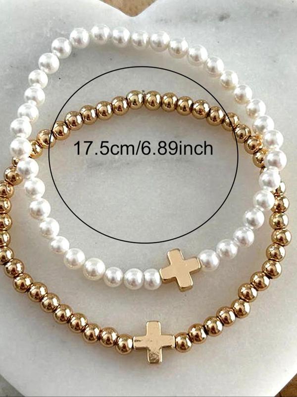 Faux Pearl Decorated Cross Charm Beaded Bracelet, Fashion Jewelry for Party, Daily Clothing Decor, Trendy All-match & Exquisite Jewelry for Birthday Gift