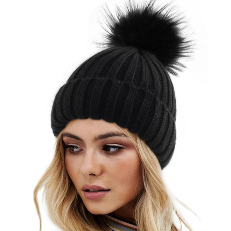 SeSe Code Women's Winter Knitted Beanie Hat with Satin Lining and Faux Fur Pom Pom Warm Skull Cap