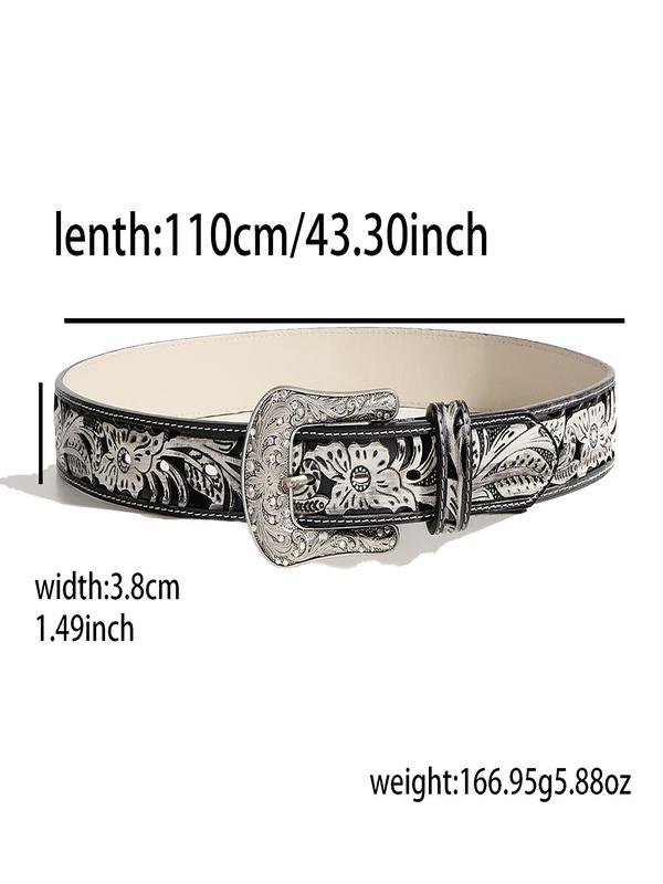 Women's Boho Style Rhinestone Decorated Leaf Print Embossed Western Belt, 2024 Vintage Trendy Western Belt for Cowgirl & Cowboy, Cool Female Male Daily Wear