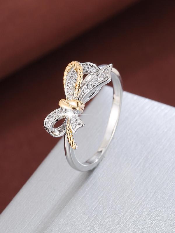 Women's Elegant Rhinestone Decorated Bow Design Ring, Exquisite Copper Trendy Ring, Fashionable Jewelry for Women As Gift