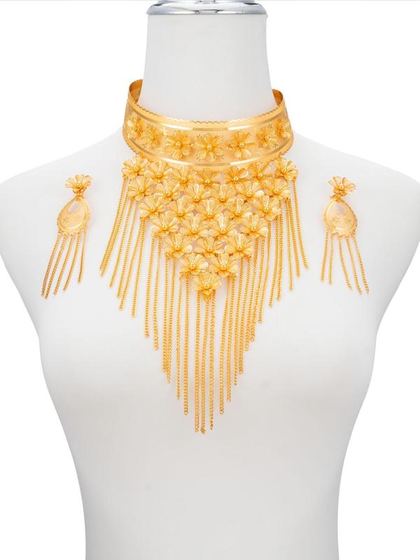 Flower Design Tassel Jewelry Set, Including Necklace & Dangle Earrings Fashion Jewelry for Party, Daily Clothing Decor, Trendy All-match & Exquisite Jewelry for Wedding Banquets and Festive Dresses