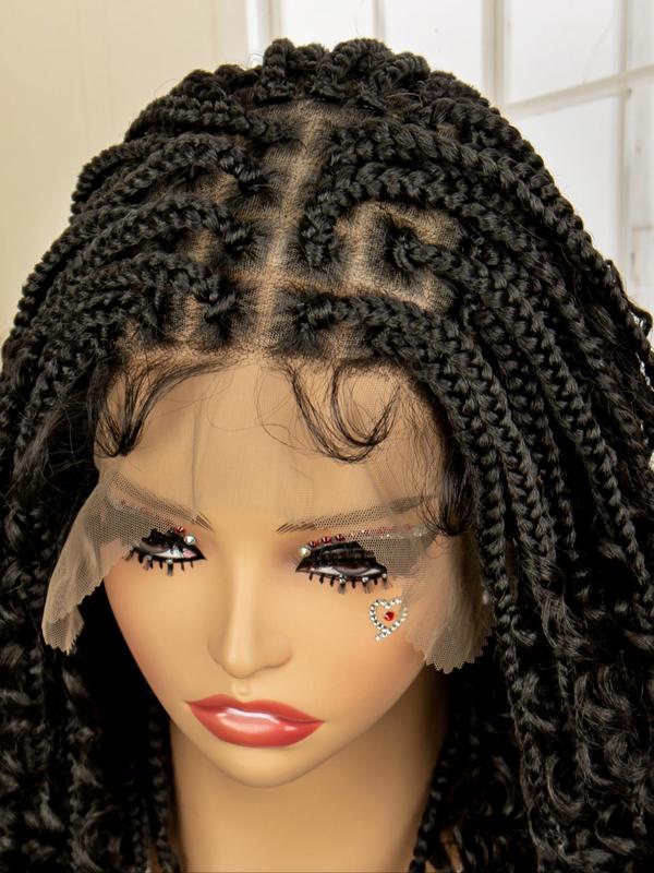 Black Curly Braided Lace Wigs for Women, Natural Looking Gorgeous Fluffy Wigs with Baby Hair Bangs, Synthetic Braided Full Lace Wigs for Party Photography, Daily Use Braids Hairstyles