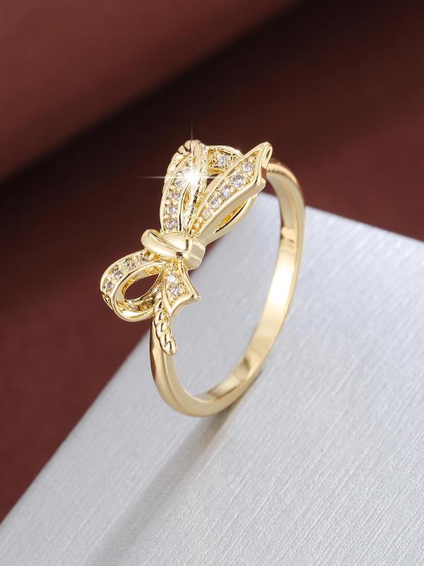 Women's Elegant Rhinestone Decorated Bow Design Ring, Exquisite Copper Trendy Ring, Fashionable Jewelry for Women As Gift