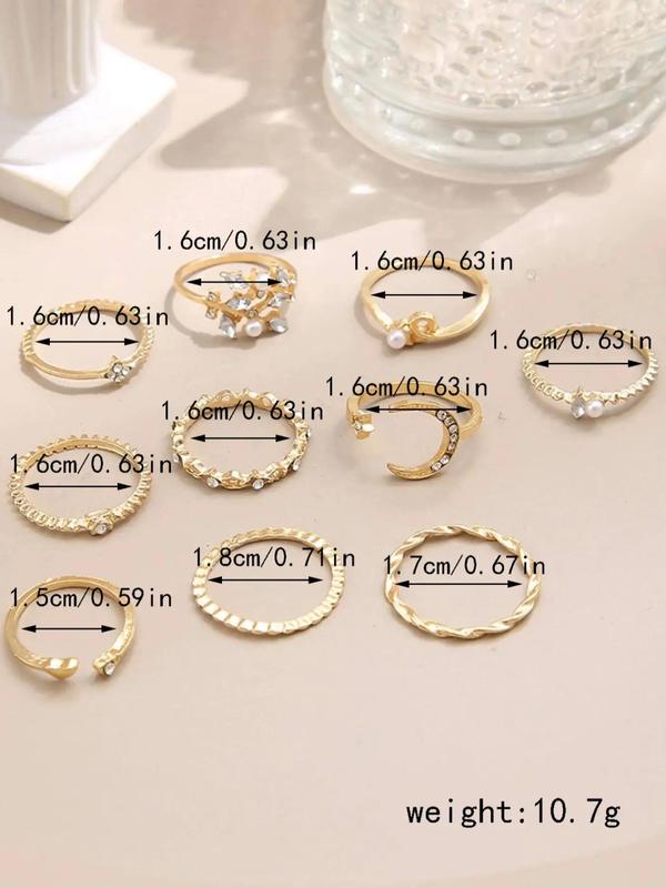 Summer Women's Heart Decor Rings for Women, 10pcs Minimalist Elegant Rhinestone Inlaid Moon & Star & Heart & Leaf Design Cuff Ring for Gift