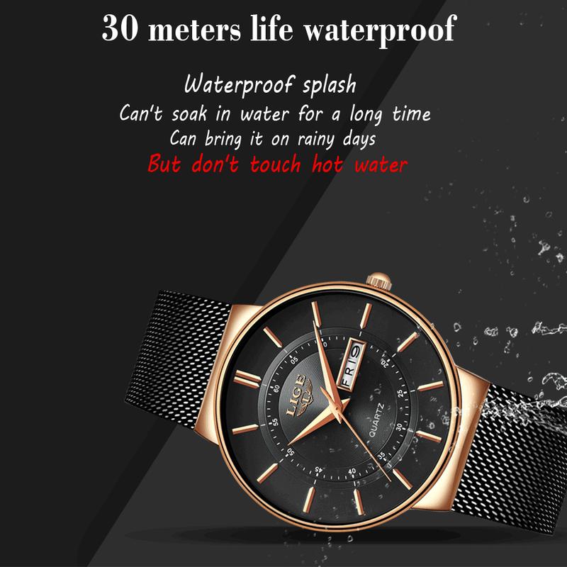 LIGE Classic Style Casual Watch – Week and Day Display, 30M Water-Resistant, Luminous