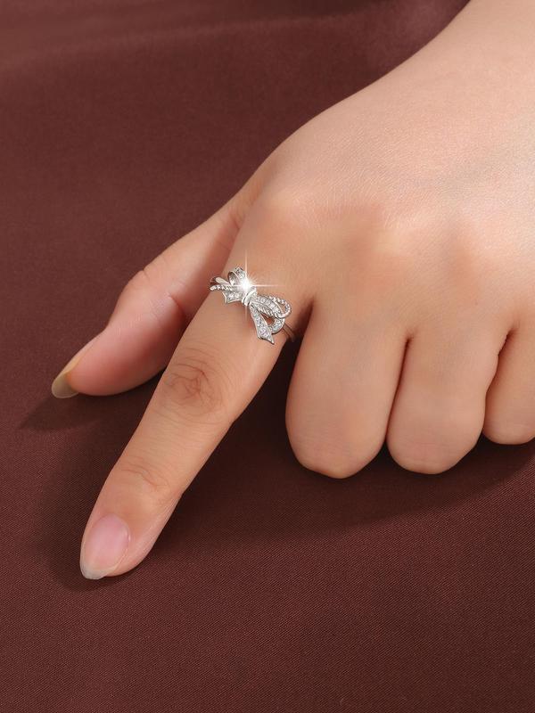 Women's Elegant Rhinestone Decorated Bow Design Ring, Exquisite Copper Trendy Ring, Fashionable Jewelry for Women As Gift