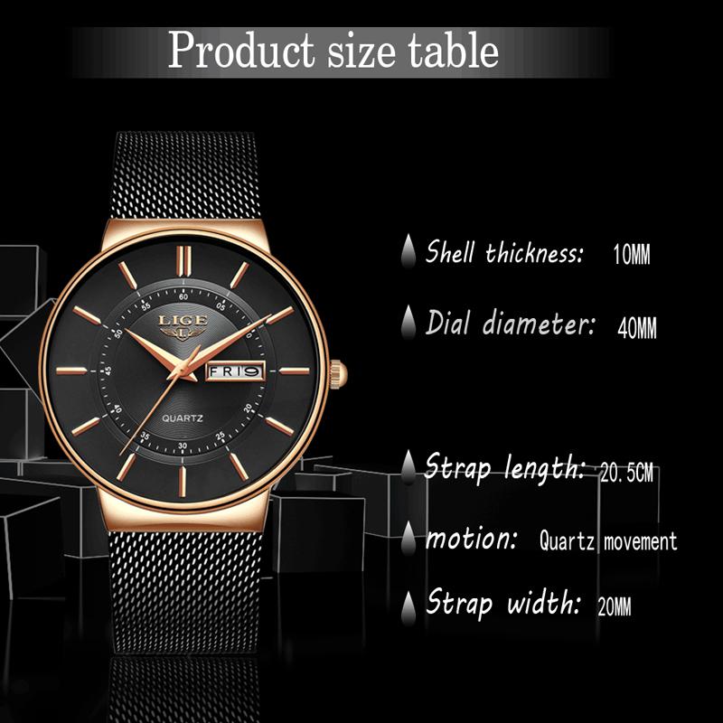 LIGE Classic Style Casual Watch – Week and Day Display, 30M Water-Resistant, Luminous