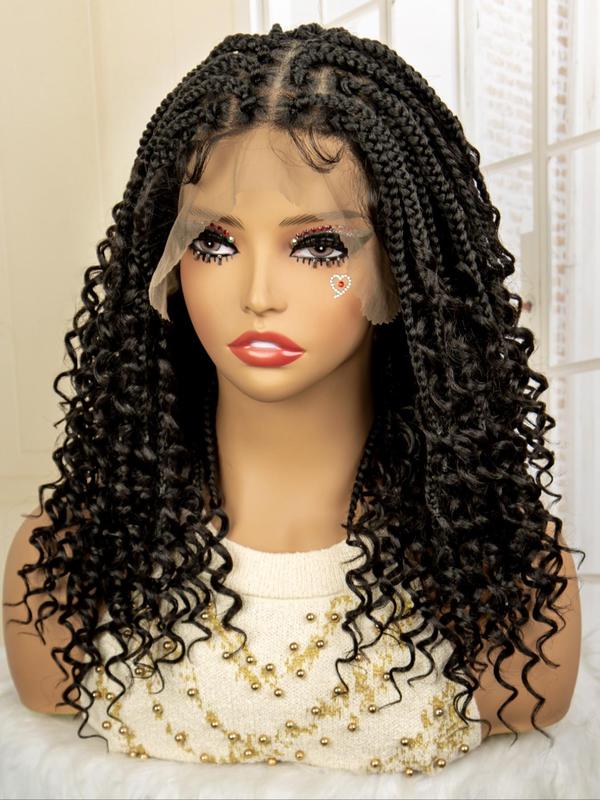 Black Curly Braided Lace Wigs for Women, Natural Looking Gorgeous Fluffy Wigs with Baby Hair Bangs, Synthetic Braided Full Lace Wigs for Party Photography, Daily Use Braids Hairstyles