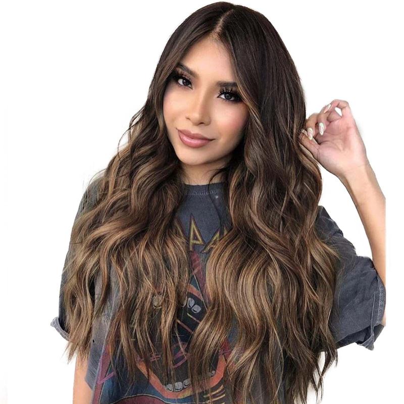 AISI HAIR Long Ombre Brown Wavy Wigs for Women Brown Curly Wig Middle Part Hair Replacement Wigs Synthetic Heat Resistant Fibers for Daily Use