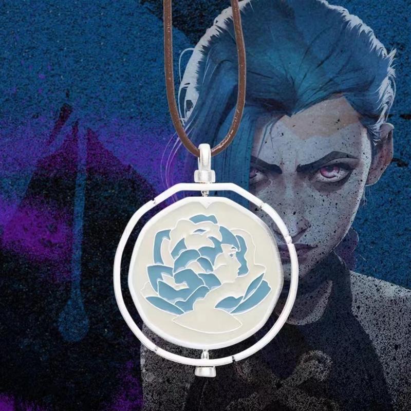 Arcane Season 2 Same Style Jinx Coen Ekko Head Portrait Rotating Blue Rose Pendant Necklace Lovers Friends Gifts League of Legends