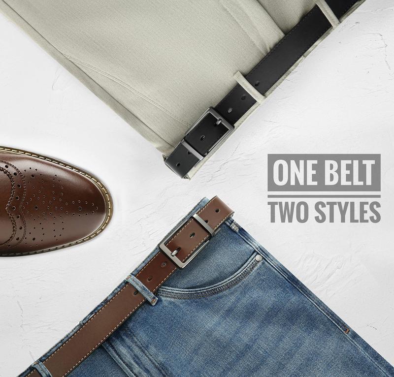 Mens Leather Belt, Reversible White Belt Men Casual for Dress Pants Shoes, 2 Styles in One Belt