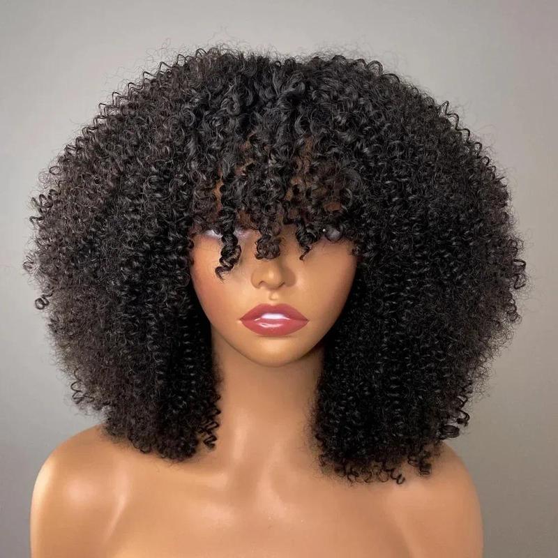 Kinky Curly Wigs with Bangs 200% Density Brazilian Remy Human Hair Full Machine Made Wigs Short Curly Wigs For Women