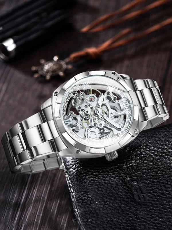 Men's Luxury Round Automatic Mechanical Watch, Fashion Luminous Hands Watch for Party, Daily  Decor, Trendy  Exquisite Watch for Birthday Gift with Box