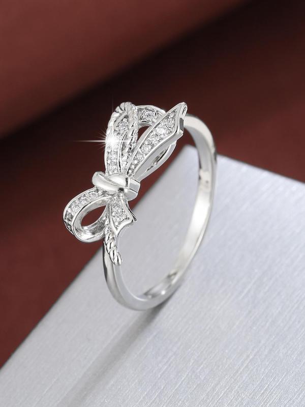 Women's Elegant Rhinestone Decorated Bow Design Ring, Exquisite Copper Trendy Ring, Fashionable Jewelry for Women As Gift