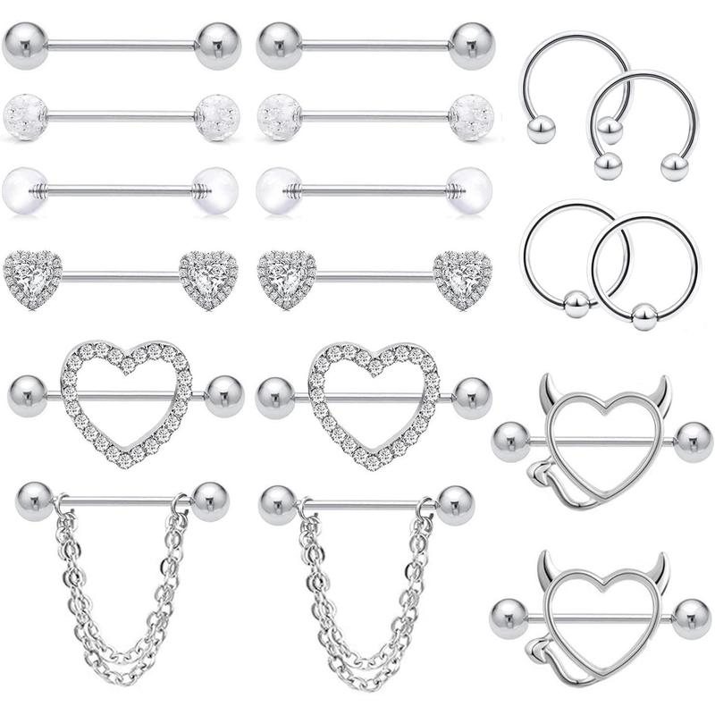 18Pcs Stainless Steel Nipple Rings for Women Tongue Ring Piercing Body Jewelry Barbell CZ Heart Shape Barbells Piercing Rings