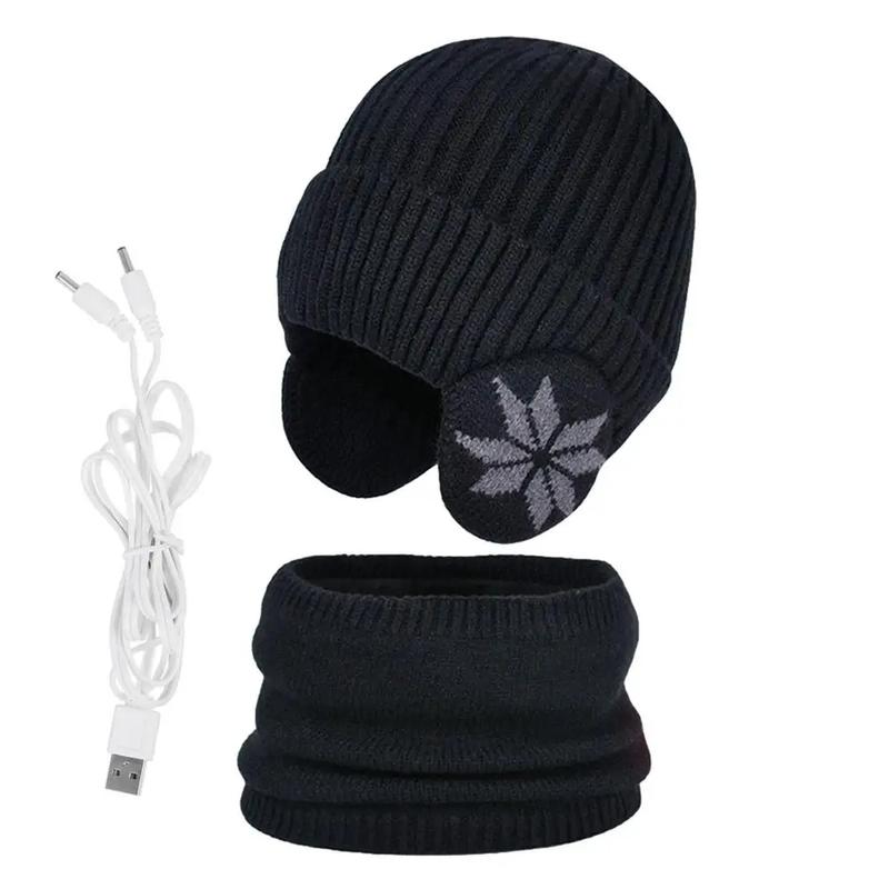 2 in 1 Winter Knitted Cap Neck Warmer USB Heated Beanie Hat Scarf Outdoor Cold Weather Rechargeable Heated Knitting Beanies