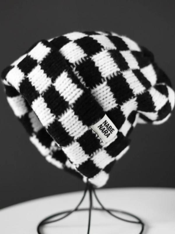 Fashionable Patched Checkerboard Pattern Beanie, New Trendy Fitted Cool Hats for Men & Women, Casual Warm Knit Hat for Fall & Winter, Top Tier Beanie, Fashion Accessories