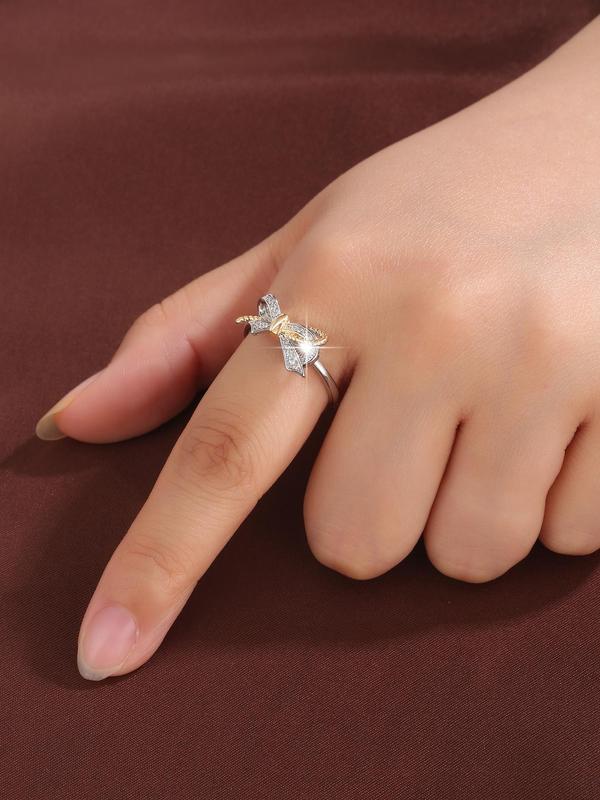 Women's Elegant Rhinestone Decorated Bow Design Ring, Exquisite Copper Trendy Ring, Fashionable Jewelry for Women As Gift