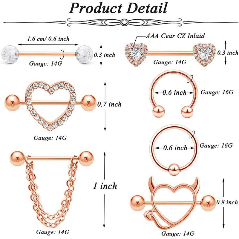 18Pcs Stainless Steel Nipple Rings for Women Tongue Ring Piercing Body Jewelry Barbell CZ Heart Shape Barbells Piercing Rings