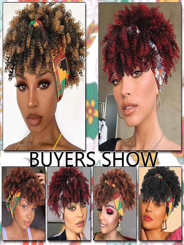 Women's Mixed Color Brown Casual Trendy 8inch Short Coily Synthetic Wigs With Bangs,  Natural Fluffy Curly Soft Synthetic Hair Wigs For Daily Or Party