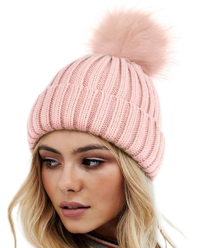 SeSe Code Women's Winter Knitted Beanie Hat with Satin Lining and Faux Fur Pom Pom Warm Skull Cap