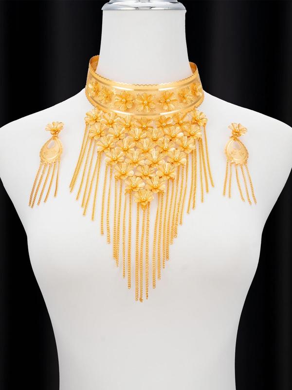 Flower Design Tassel Jewelry Set, Including Necklace & Dangle Earrings Fashion Jewelry for Party, Daily Clothing Decor, Trendy All-match & Exquisite Jewelry for Wedding Banquets and Festive Dresses