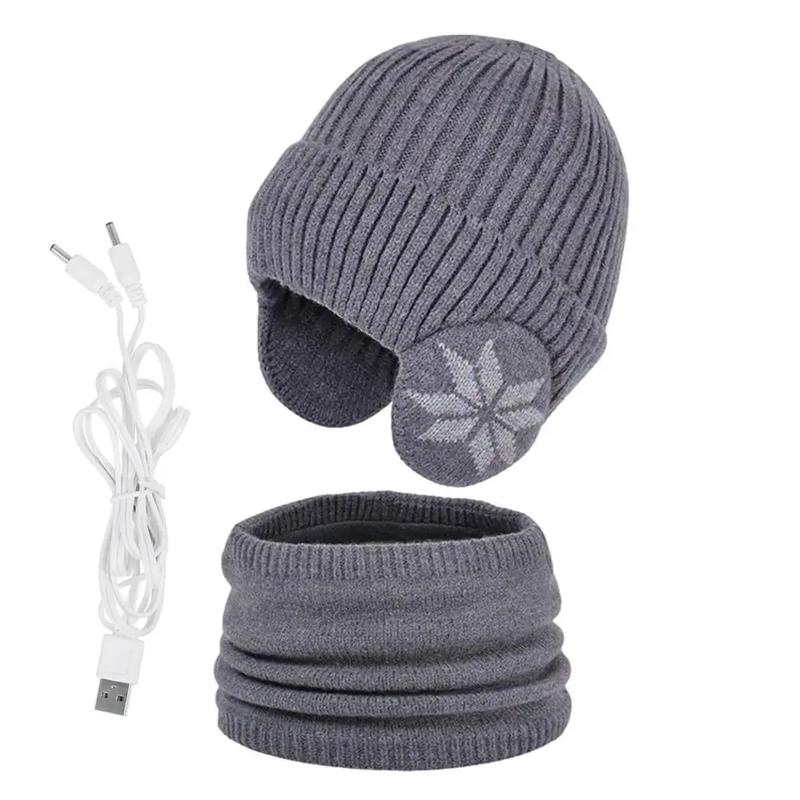 2 in 1 Winter Knitted Cap Neck Warmer USB Heated Beanie Hat Scarf Outdoor Cold Weather Rechargeable Heated Knitting Beanies