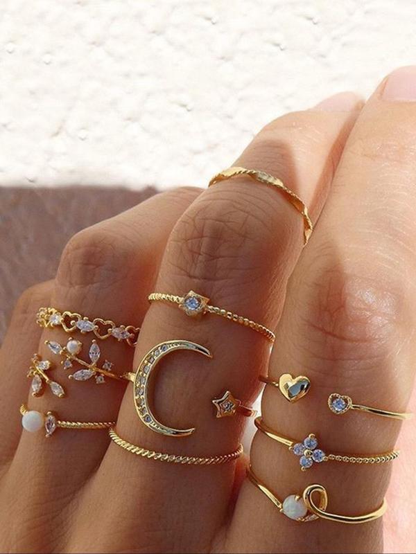 Summer Women's Heart Decor Rings for Women, 10pcs Minimalist Elegant Rhinestone Inlaid Moon & Star & Heart & Leaf Design Cuff Ring for Gift