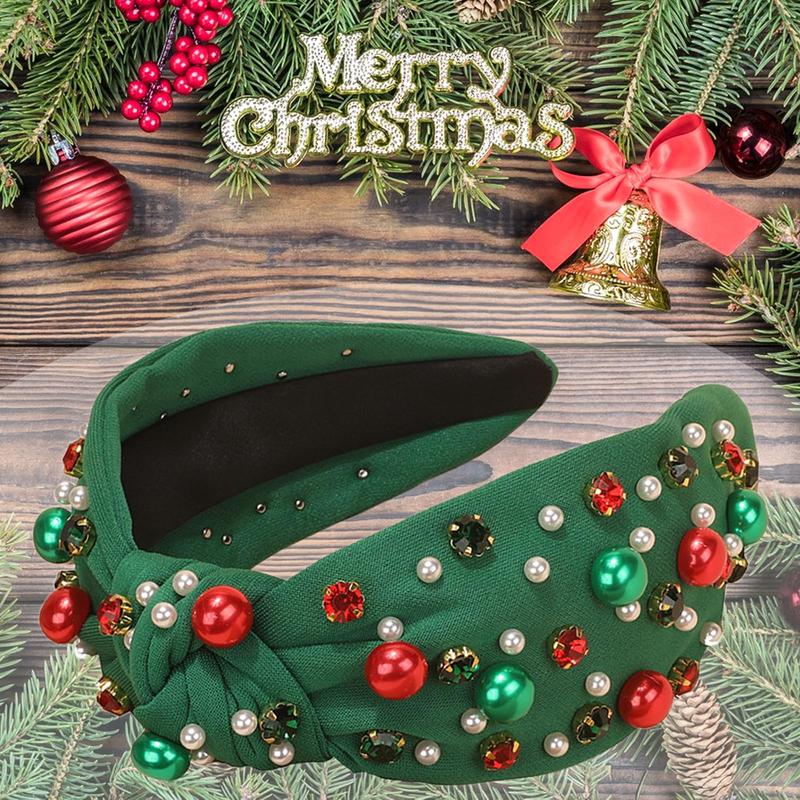 Christmas Headband for Women Pearl Knotted Headband Xmas Red Green Pearl Rhinestone Crystal Jeweled Hairband Fashion Elegant Ladies Wide Top Knot Hair Bands Headpiece Holiday Outfits Gifts