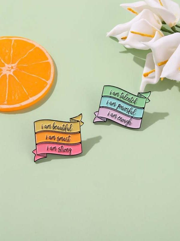 Colorblock Slogan Enamel Pin (2pcs), Fashion Brooch for Women & Men, Suitable for Backpacks, Jeans, Scarves, Hats Decoration Fixed Buckle, Casual Alloy Jewelry for Men & Women