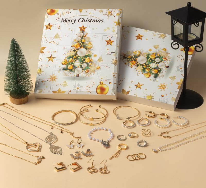 2024 Christmas Advent Calendar  Jewelry Box For Women & girls, Christmas 2024 Ornament Necklace Earring Finger Rings CalendarXmas Gift Rosegold Earrings New Year Countdown Calendar Xmas Gift Pendulum Necklaces Jewels ,Charm Bracelet