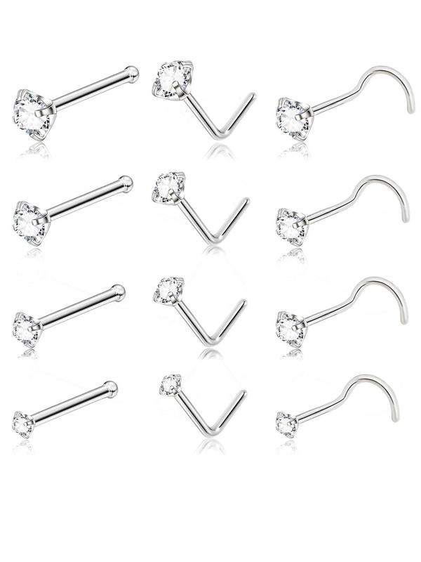 Rhinestone Decor Nose Studs Set, L Shaped Straight Nose Rings, Piercing Jewelry for Women & Men, Fashion Accessories for Party, Daily Clothing Decor