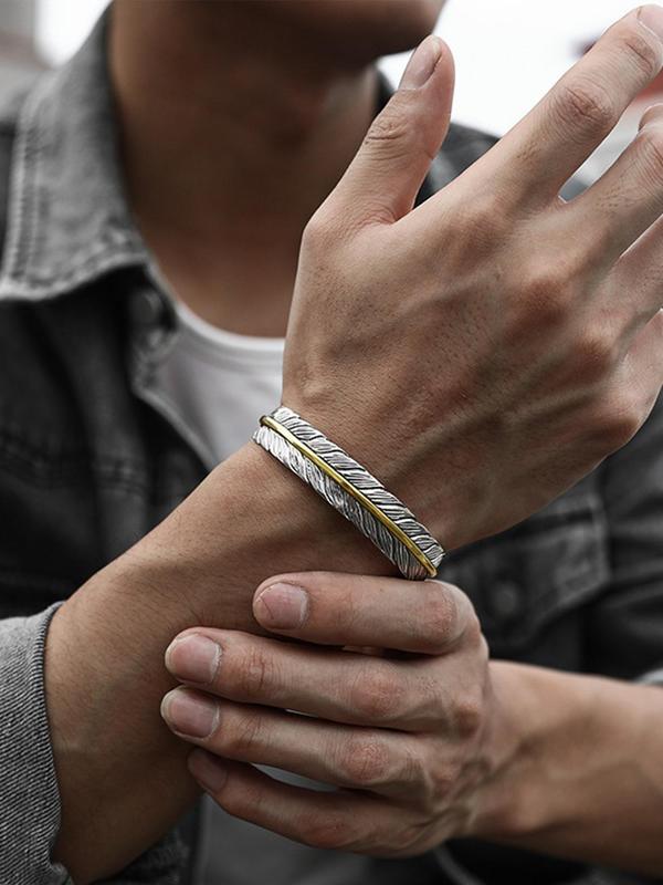 Men's Boho Style Feather Design Cuff Bangle & Ring, 2024 New Style Fashion Jewelry for Party, Daily Clothing Decor, Trendy All-match & Exquisite Jewelry for Birthday Gift