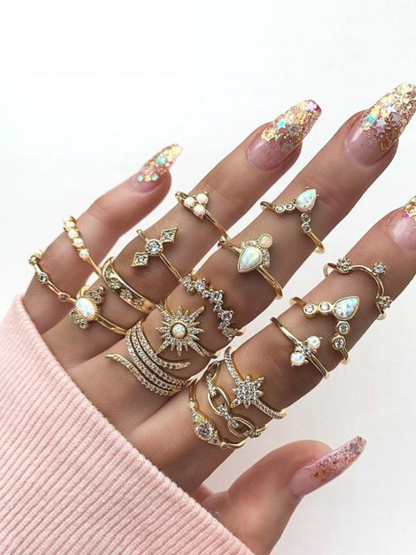 Elegant Geometric Design Rhinestones Decor Ring Set, 17pcs Boho Style Zinc Alloy Jewelry for Women, Casual Fashion Accessories for Party, Daily Clothing Decor