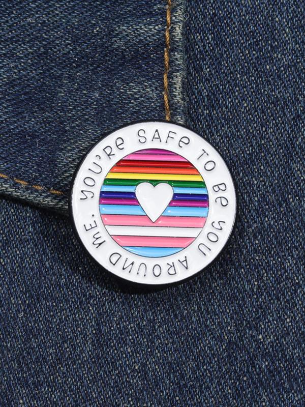 Heart & Letter & Colorful Stripe Design Brooch, Cute Round Shaped Clothes Brooch, Fashion Accessories for Women & Men