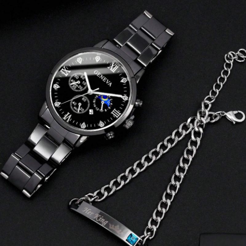 Gentleman's Calendar Steel Band Quartz Watch with Blue Cubic Zirconia Alloy Bracelet Combination Set for fathe's day gift