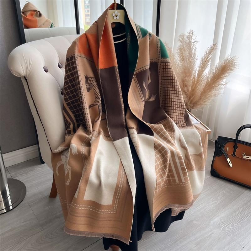 Luxury Warm Poncho Cashmere Winter Women Scarf Horse Print Shawl Wraps Female Thick Pashmina Blanket Bufanda Travel Echarpe 2024